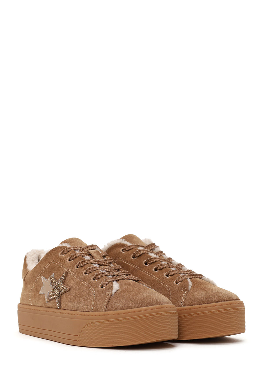 Kadın Camel Bağcıklı Kalın Tabanlı Süet Deri Teddy Sneaker