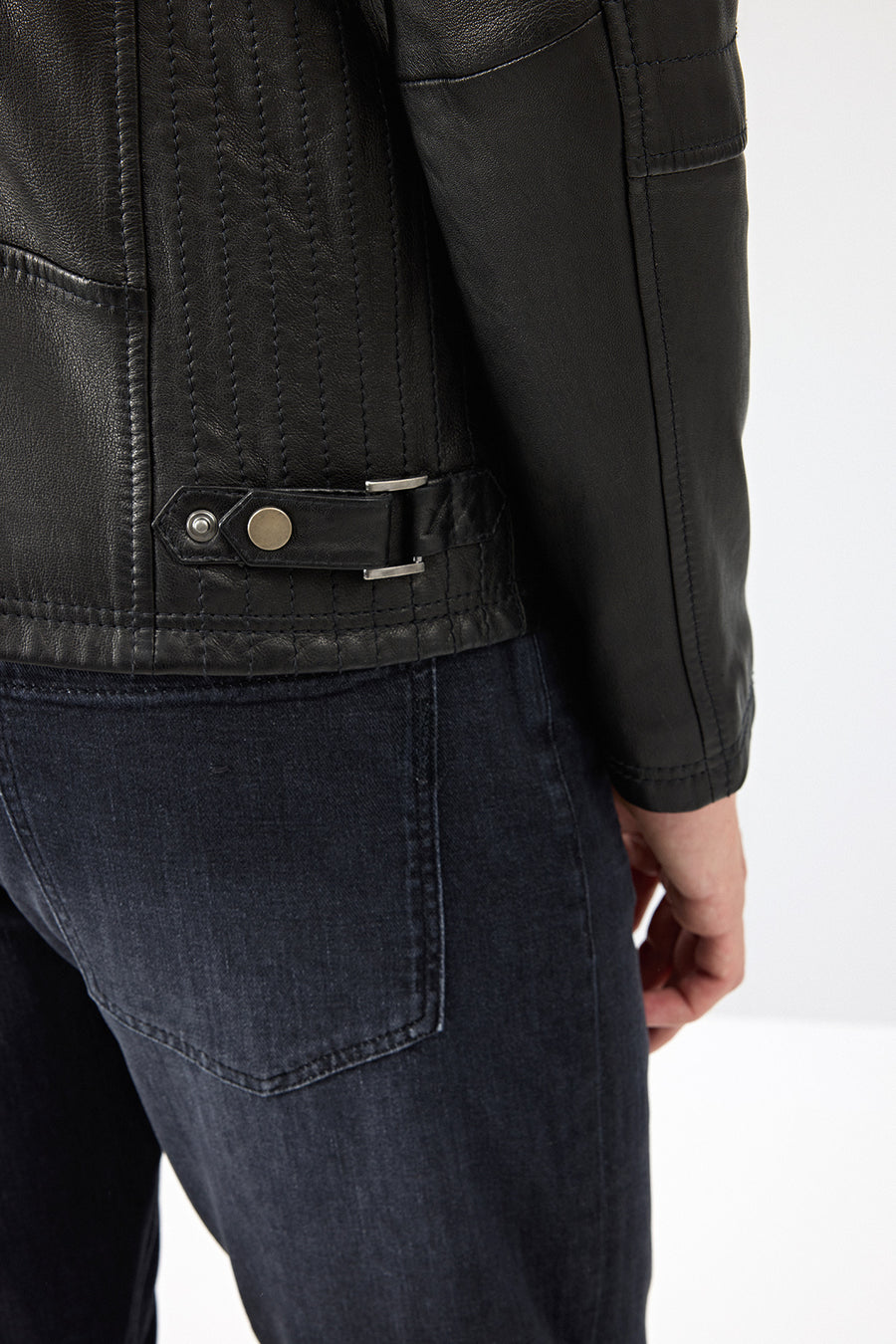 Jefferson Men's Black Stand Collar Slim-Fit Leather Jacket
