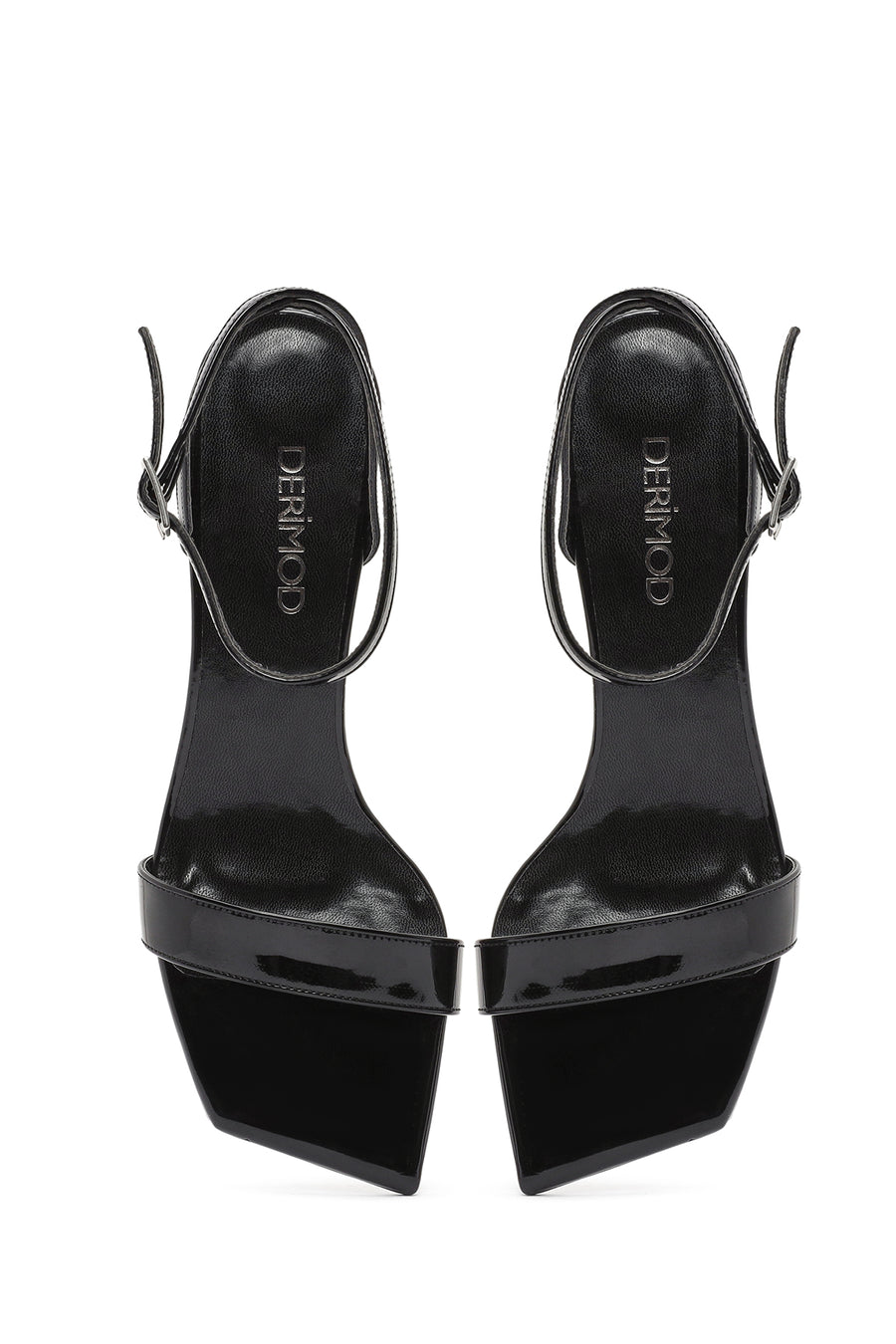 Women's Black Ankle Buckle Low Thin Heel Patent Leather Sandals