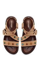 Woman Beige Buckled Embellished Suede Sandal | Derimod
