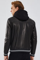 Tatum Men's Black Hooded Sports Leather Coat | Derimod