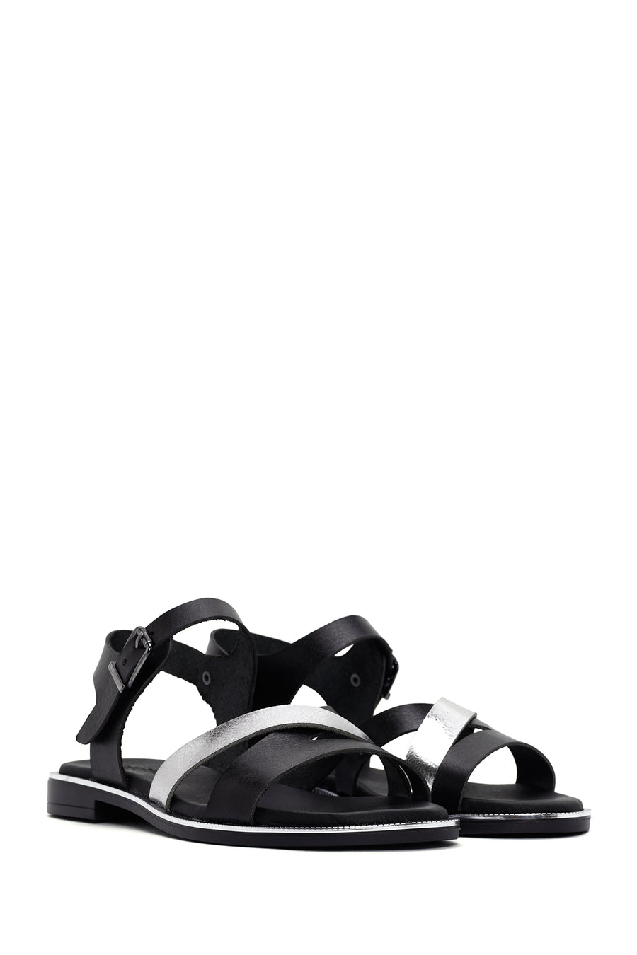 Women's Black Leather Ankle Buckle Sandals