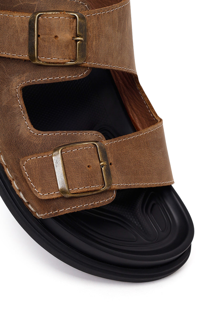 Male Beige Double-Buckle Nubuck Leather Slipper
