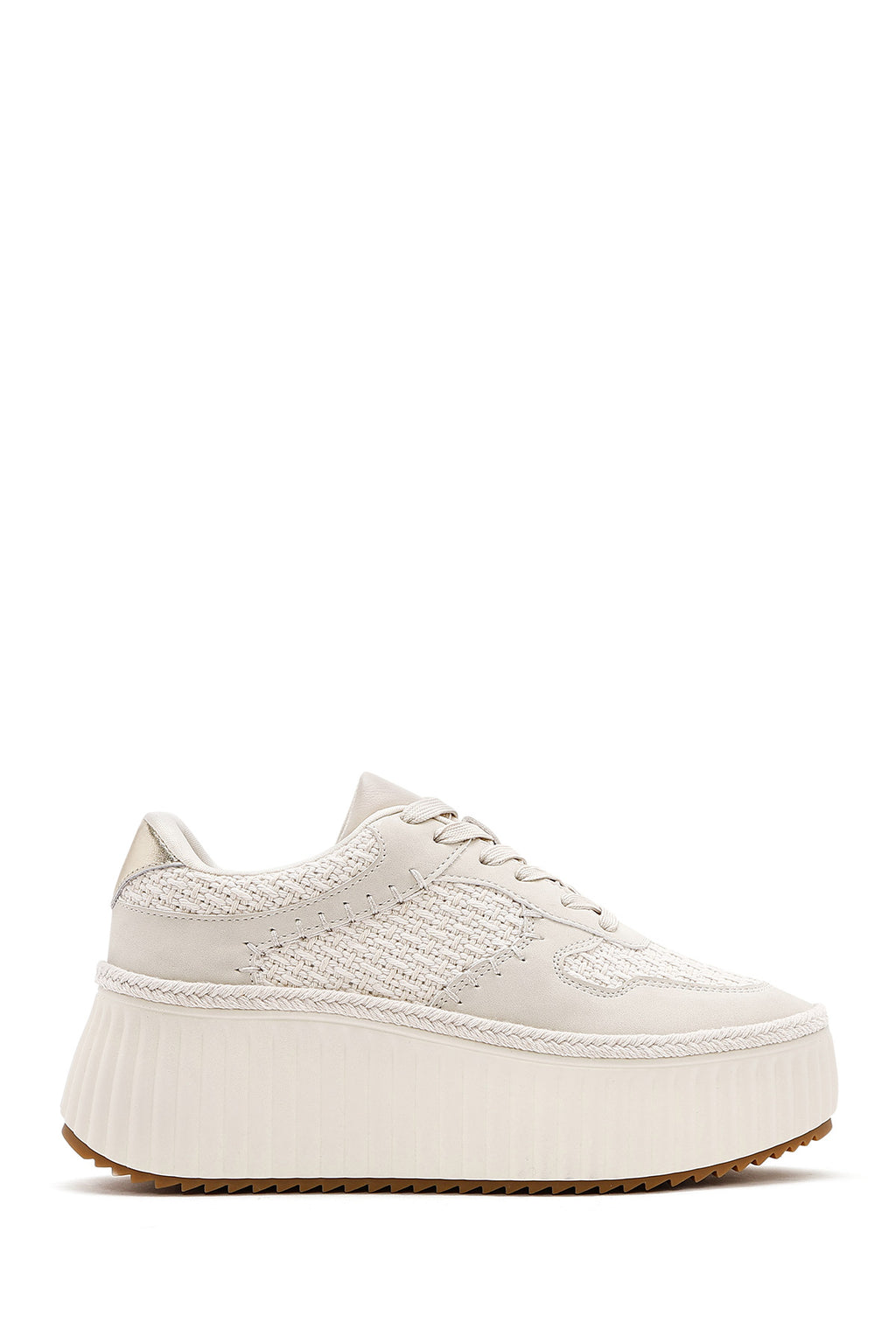 Kadın Bej Bağcıklı Kalın Tabanlı Örgülü Sneaker
