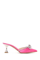 Women's Pink Leather Stone Heeled Slippers | Derimod