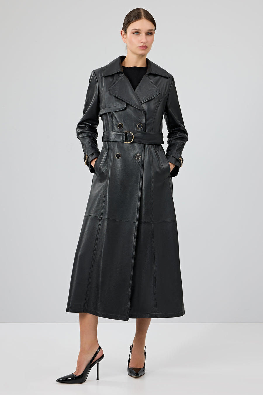 Jenny -X Women's Black Belt Detailed Leather Trench Coat