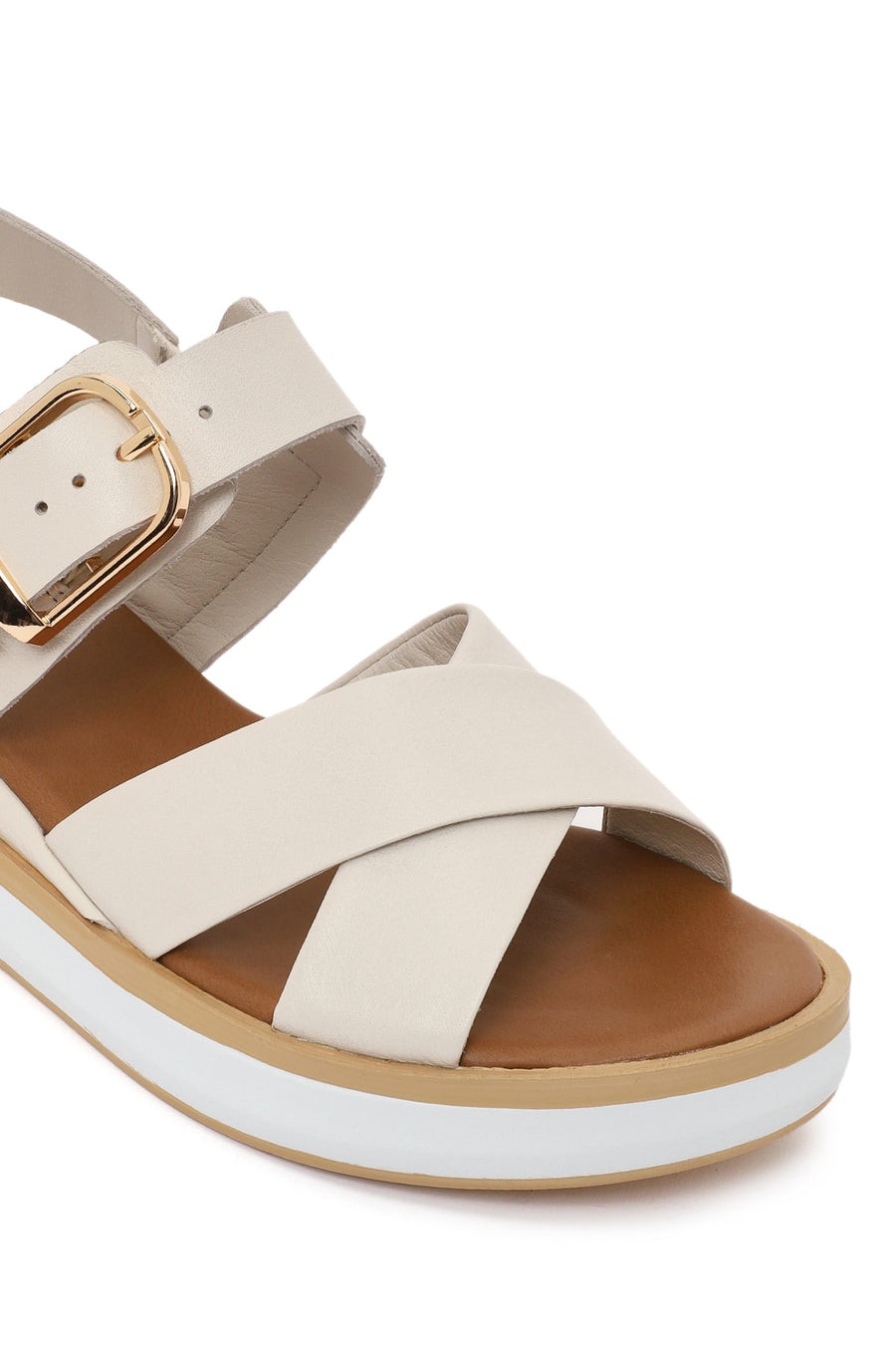 Women's Cream Ankle Buckle Thick Soled Leather Sandals