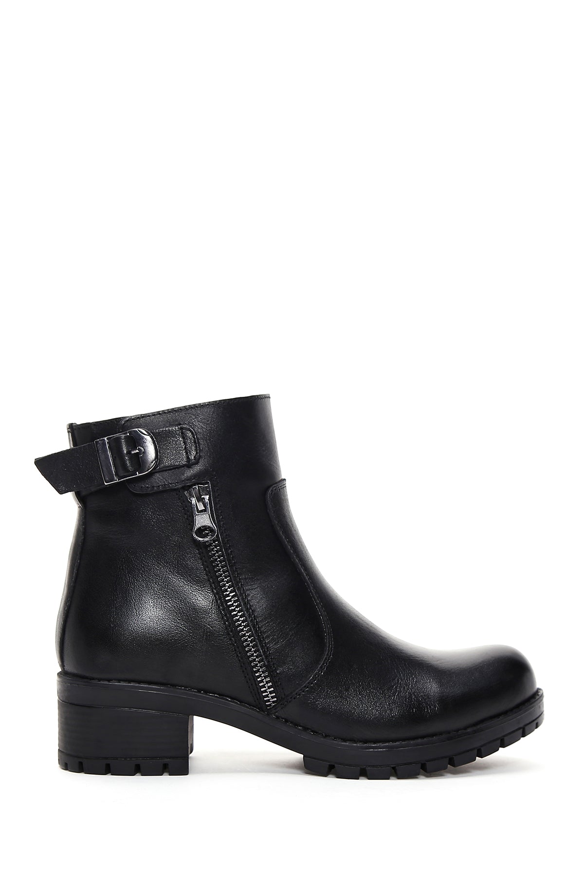 Women's Black Leather Buckle Heeled Boots 23WFD413818 | Derimod