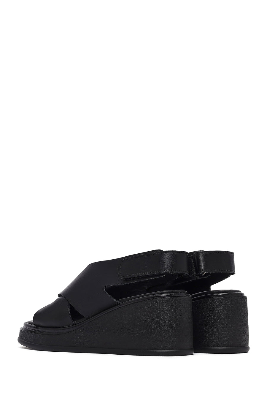 Women's Black Strapped Wedge Heel Leather Sandals