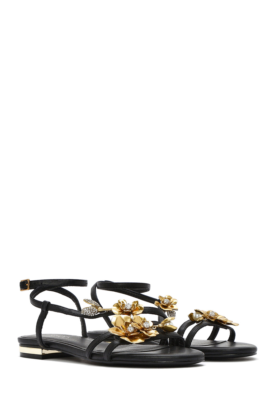 Women's Black Ankle Buckle Stoned Sandals