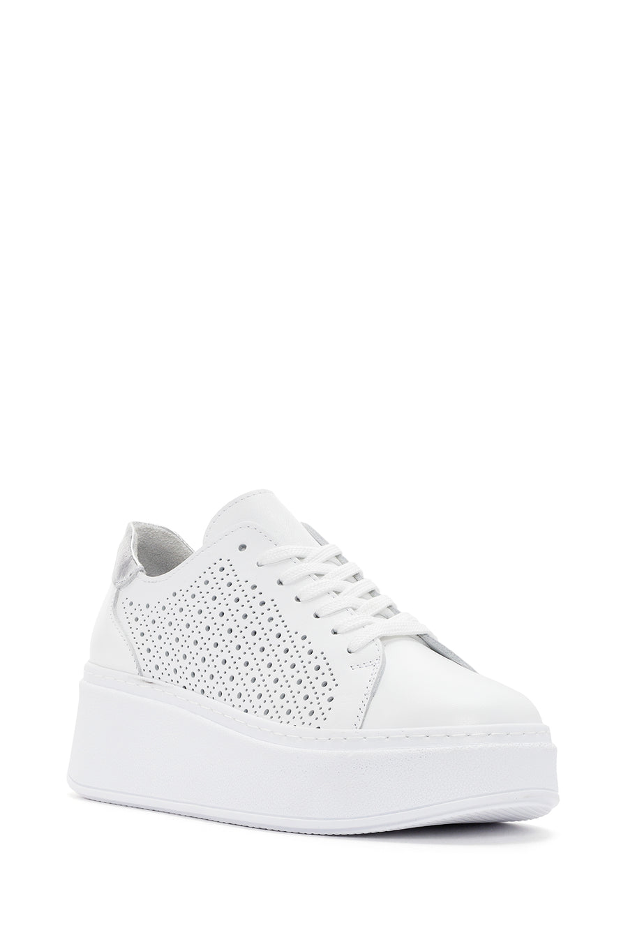 Kadın Beyaz Kalın Tabanlı Bağcıklı Deri Sneaker