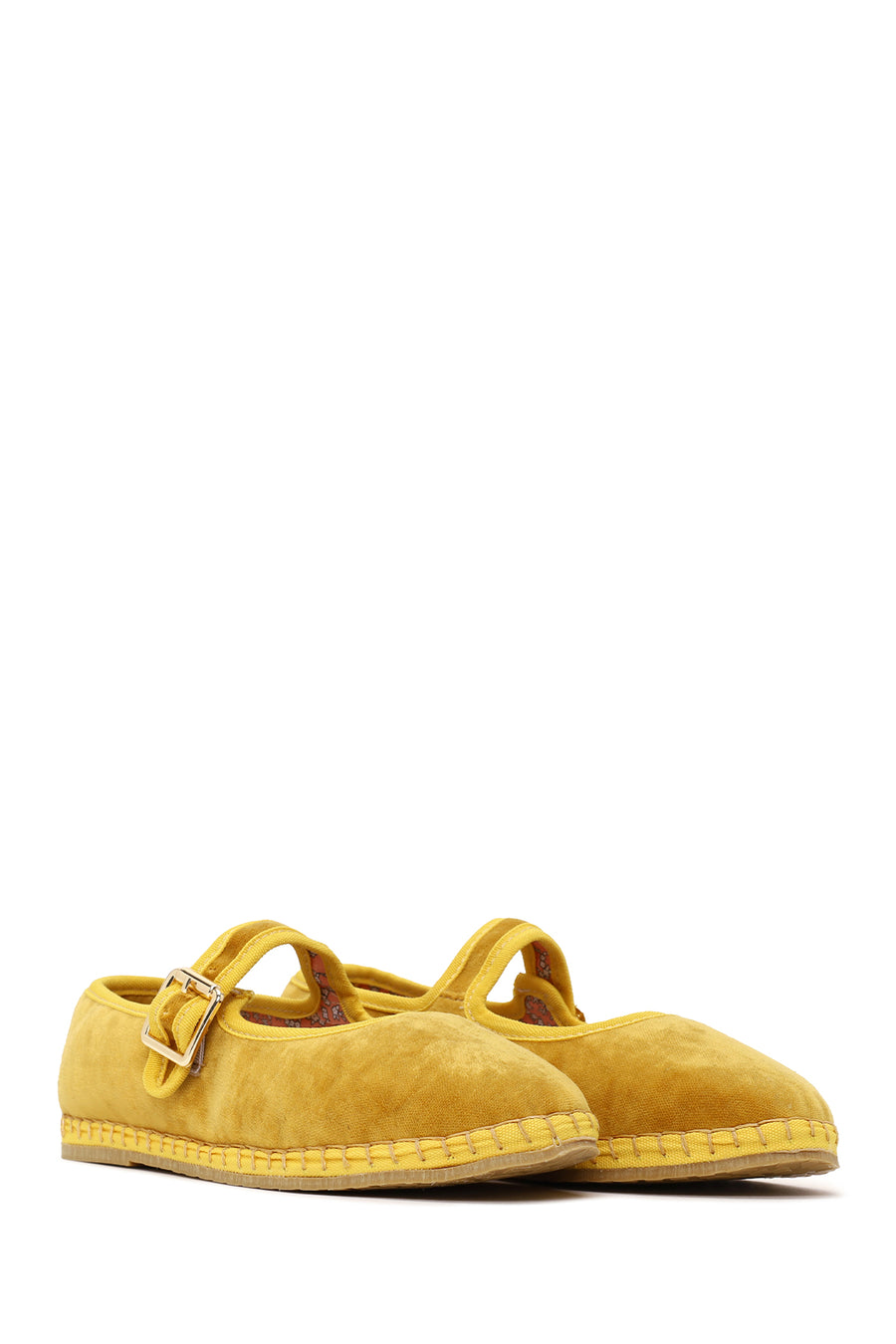Woman Yellow Buckled Fabric Mary Jane Ballerine flats