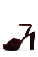 Women's Burgundy Ankle Buckle Platform High Thick Heel Velvet Sandals | Derimod