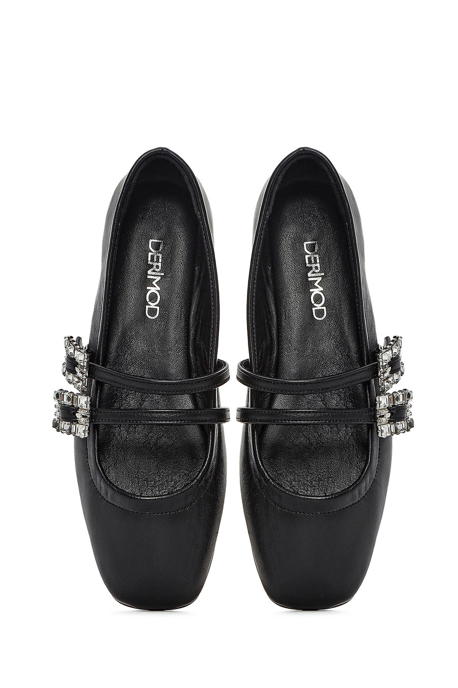 Women's Black Double Buckled Stoned Leather Ballerinas