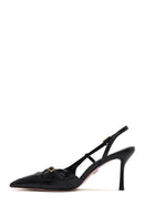 Women's Black Open Back Thin Heeled Leather Shoes | Derimod
