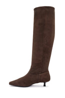 Women's Brown Thin Low Heel Suede Leather Boots | Derimod