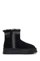 Women's Black Thick-Soled Patterned Suede Leather Teddy Boot | Derimod
