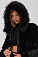 Virginia Women's Black Hooded Long Teddy Coat | Derimod