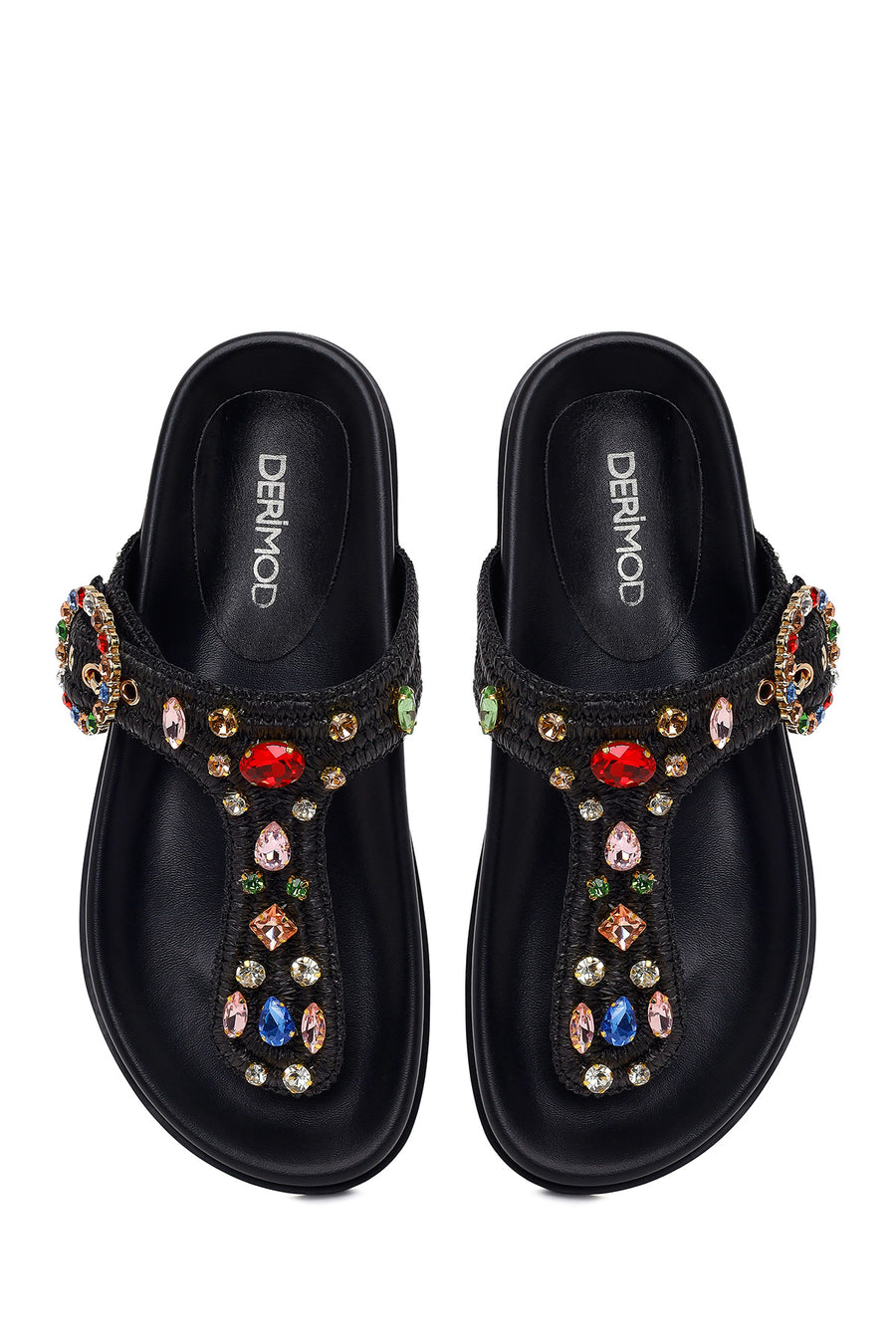 Woman Black Rhinestone Straw Flip-Flops