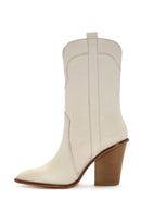 Women's Beige Thick Heeled Leather Cowboy Boots | Derimod