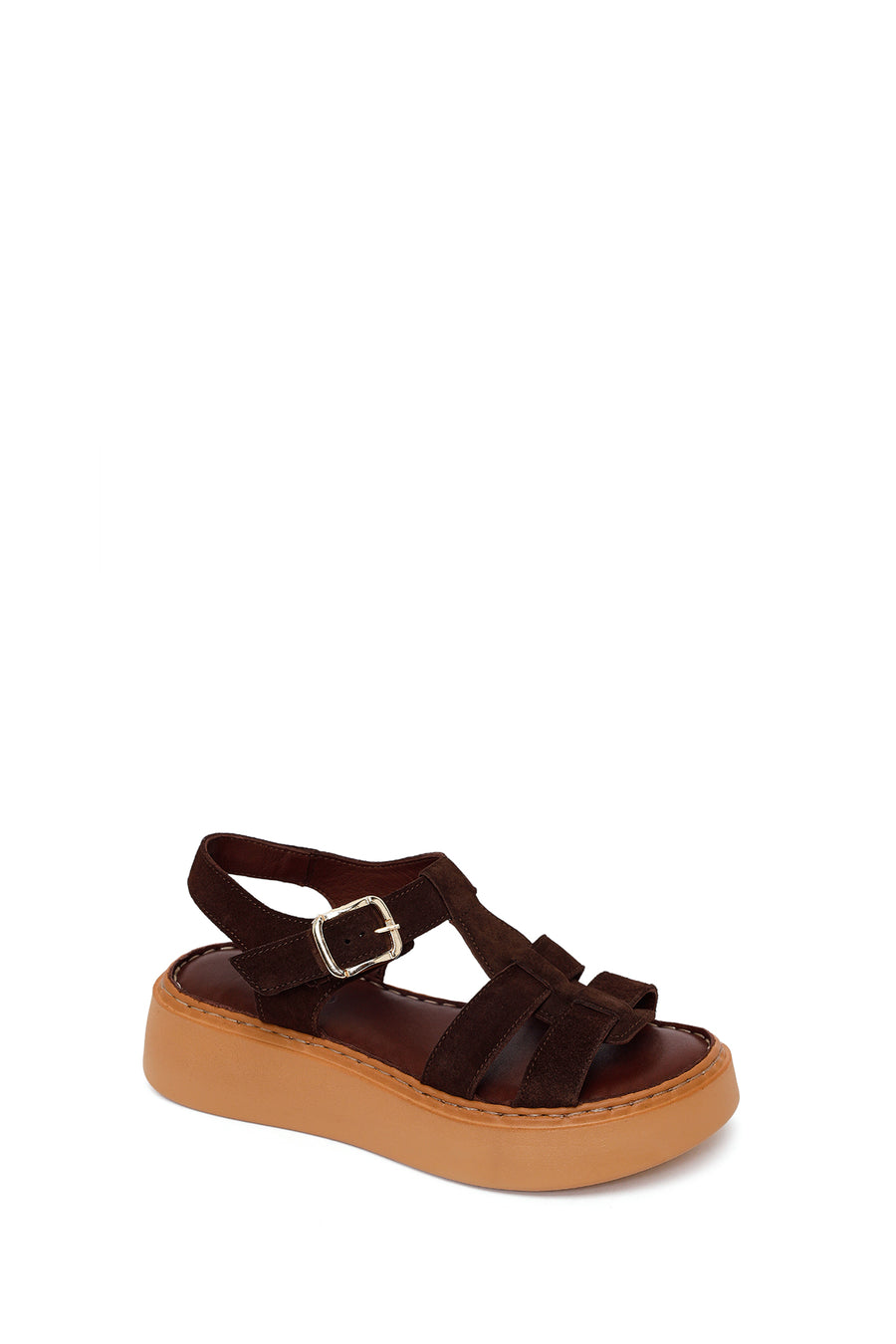 Woman Brown Ankle-Buckle Thick-Soled Suede Comfort Sandal