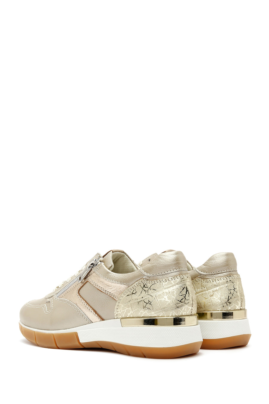 Kadın Altın Bağcıklı Yandan Fermuarlı Deri Sneaker