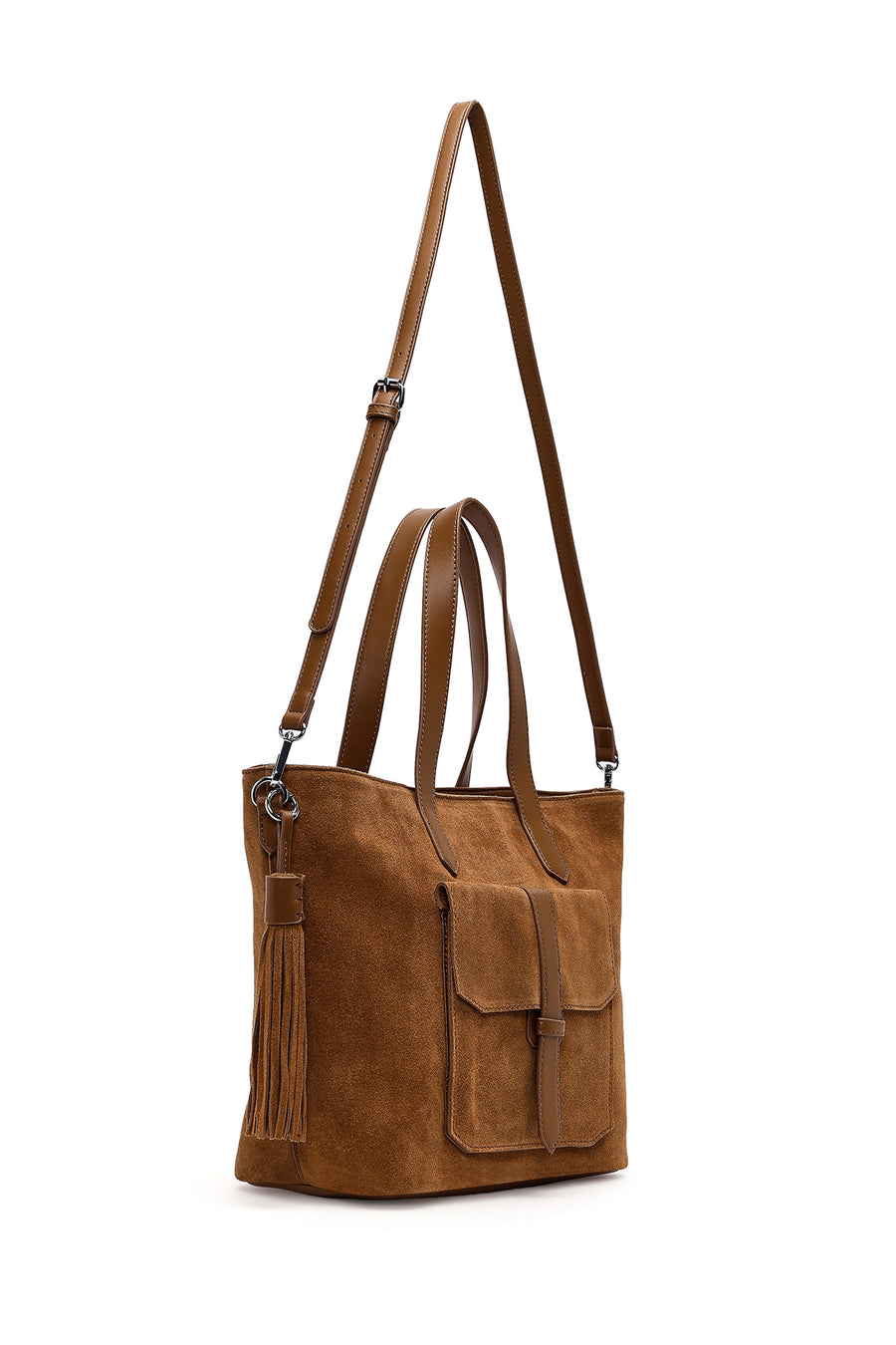Woman Tan Long-Strap Suede Shoulder Bag
