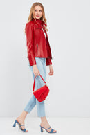 Maria Women's Red Short Leather Jacket | Derimod