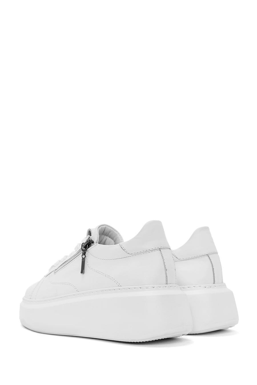 Women's White Zippered Lace-Up Thick-Sole Leather Sneakers