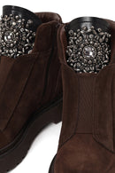Woman Brown Zip Closure Embellished Chunky Sole Suede Boots | Derimod