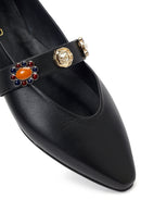 Women's Black Stone Leather Ballerinas | Derimod