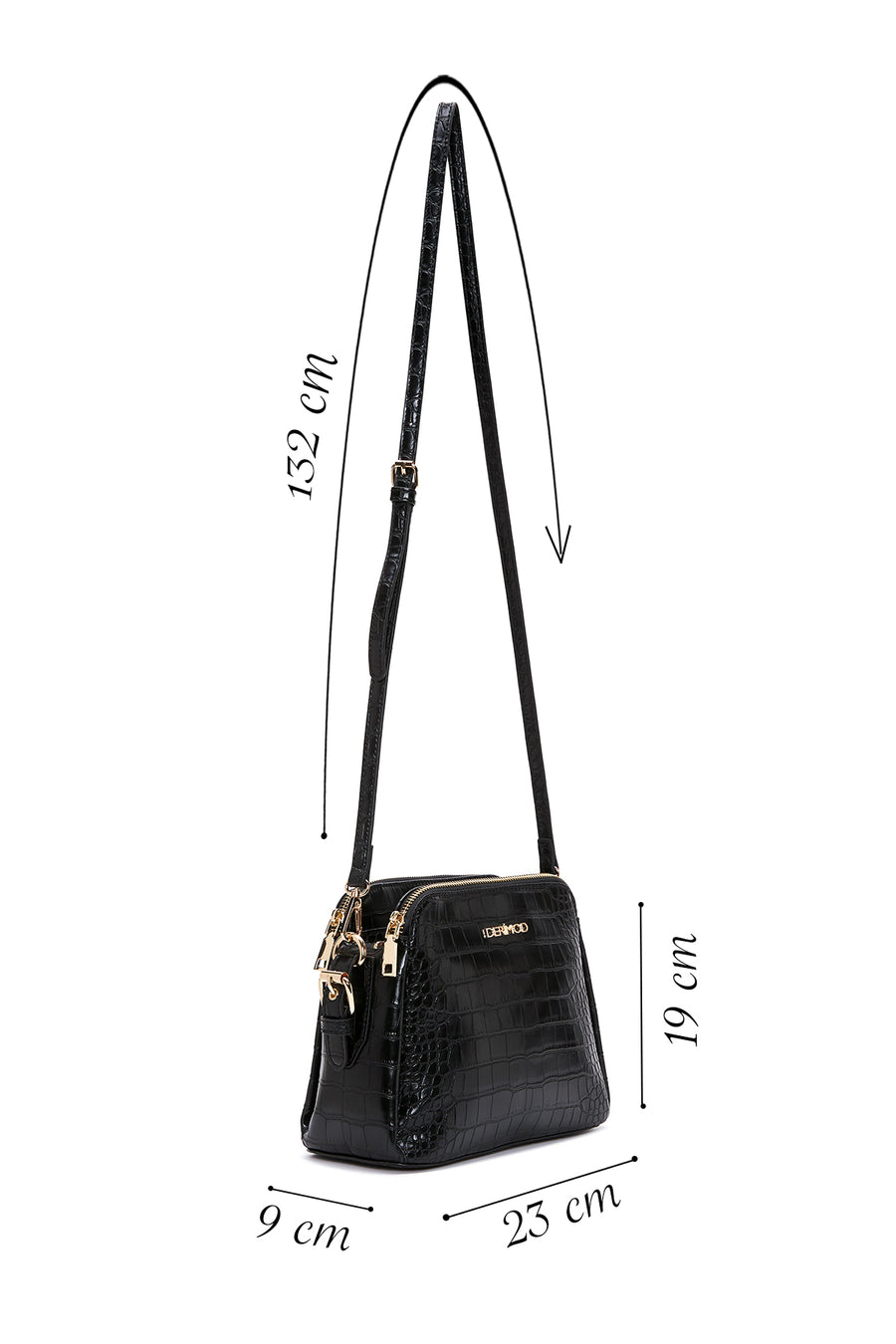 Women's Black Long Strap Crocodile Patterned Crossbody Bag