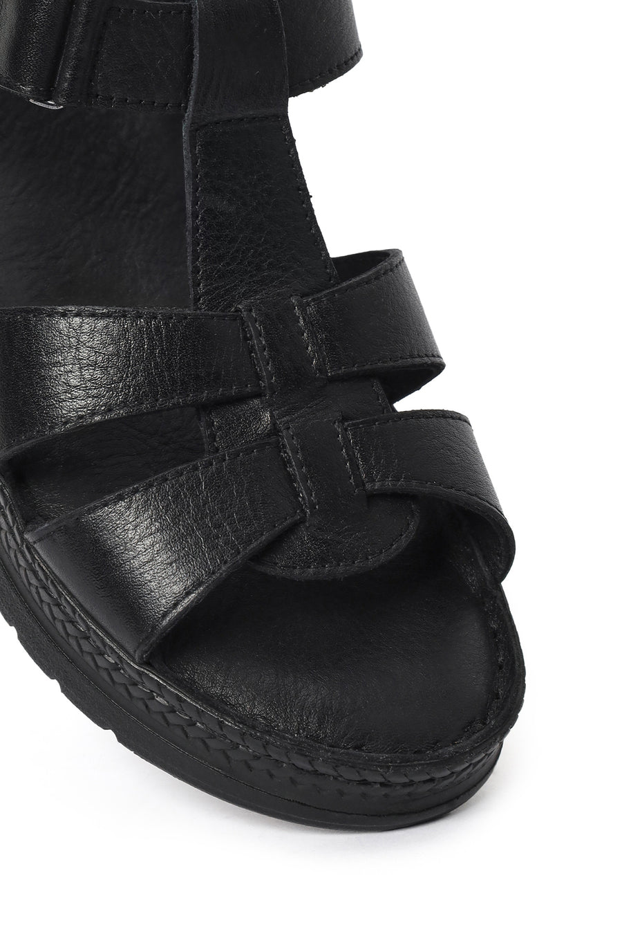 Women's Black Thick Soled Leather Comfort Sandals