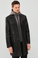 Dias Men's Black Hooded Long Leather Jacket | Derimod