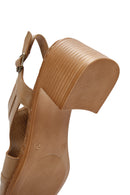 Women's Camel Thick Heeled Leather Sandals with Ankle Strap | Derimod