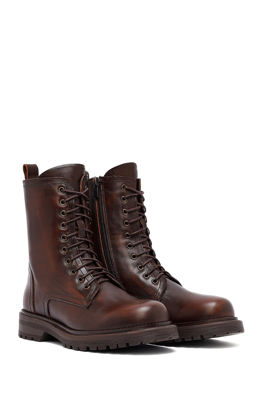 Woman Brown Zippered Leather Postal Boots