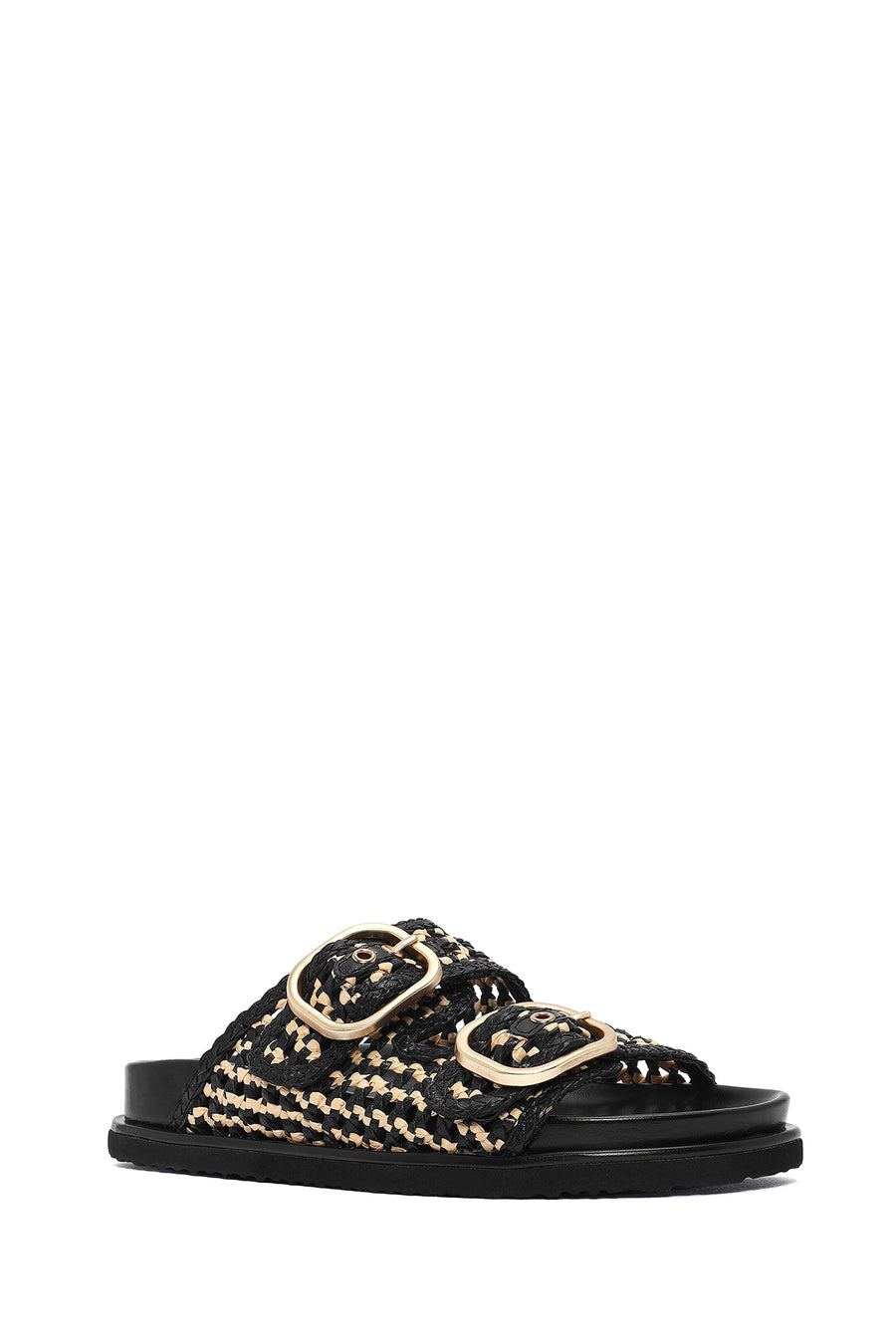 Women's Black Double Buckle Straw Leather Slippers