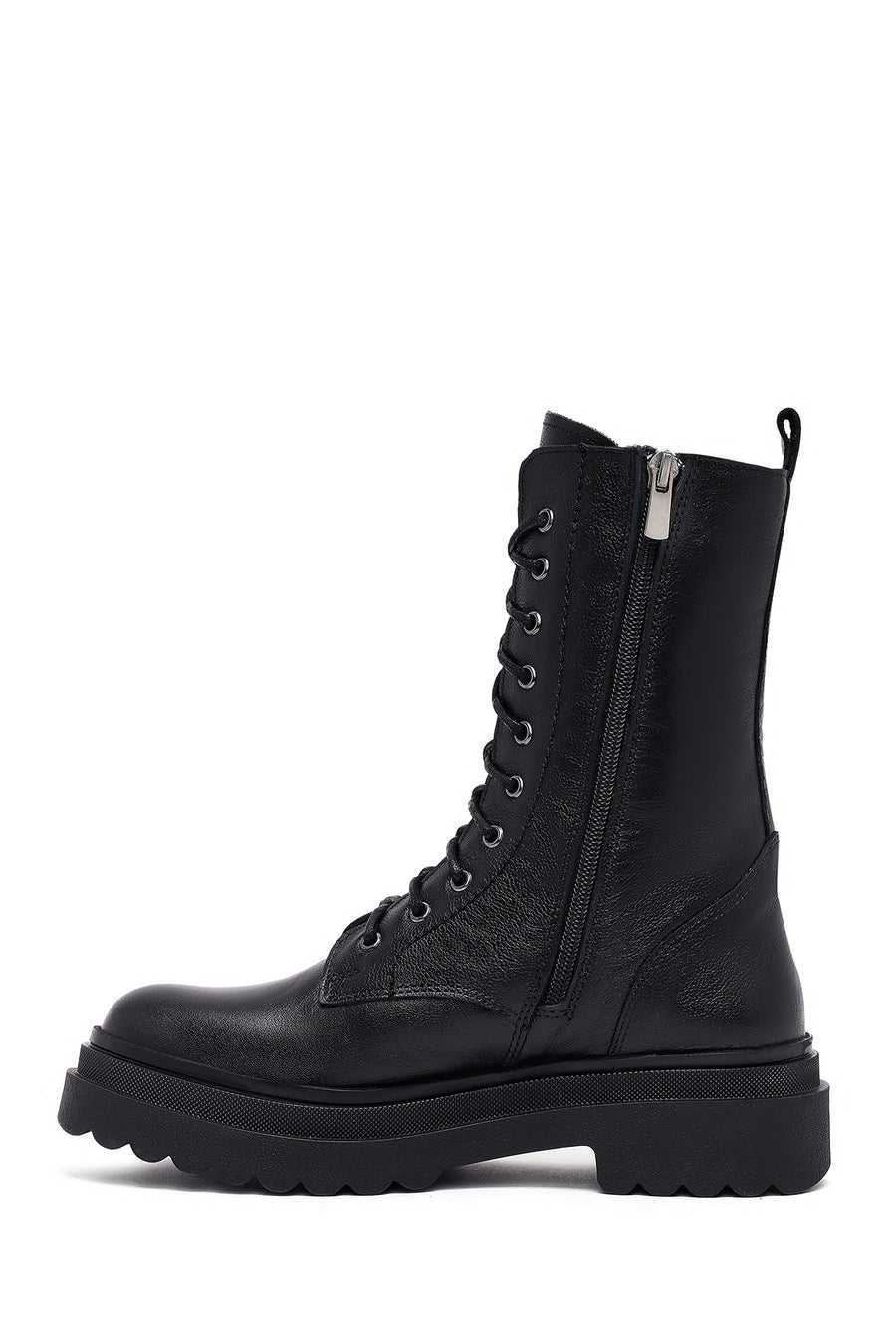 Woman Black Zip Closure Leather Combat Boots