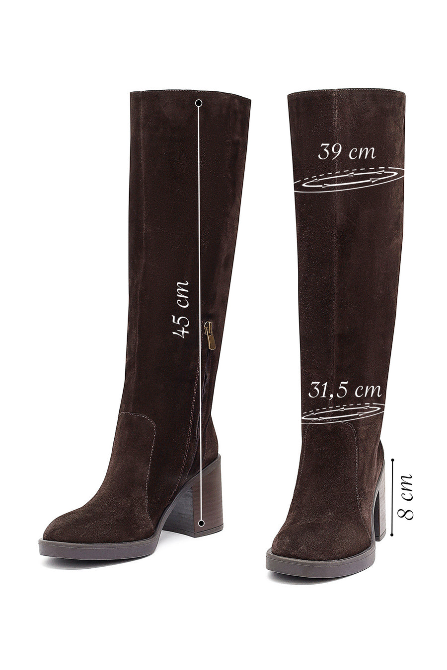 Woman Brown Zippered Chunky Heel Suede Leather Boot
