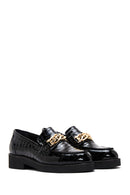 Women's Black Buckled Crocodile Patterned Leather Masculine Loafer | Derimod