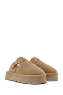 Women's Camel Thick-Soled Fur Detailed Suede Leather Slippers | Derimod