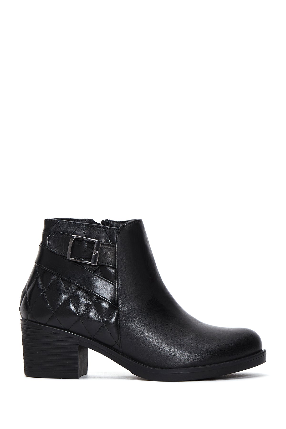 Women's Black Leather Buckle Heeled Boots 23WFD414218 | Derimod