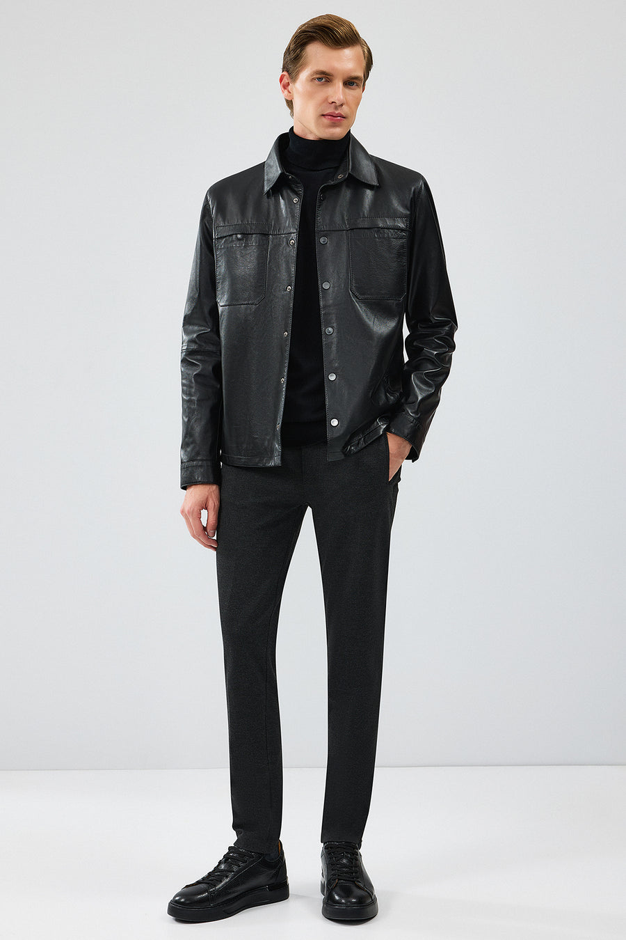 Enzo Men's Black Shirt Collar Leather Jacket 24SGE65241M | Derimod