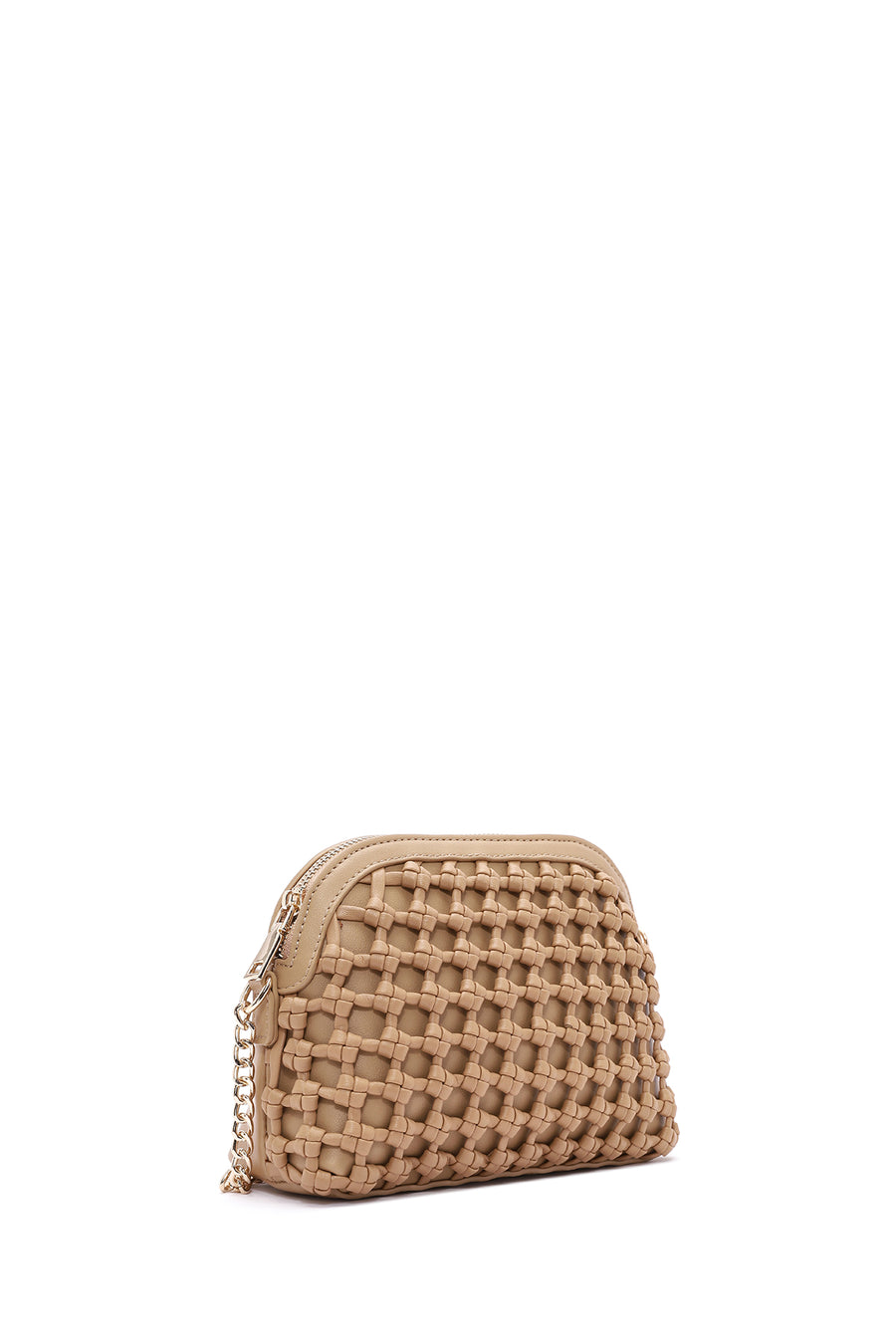 Woman Beige Long Braided Crossbody Bag with Chain Strap