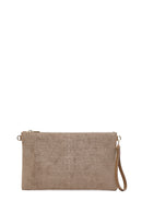 Woman Beige Chain Strap Printed Suede Clutch Bag | Derimod