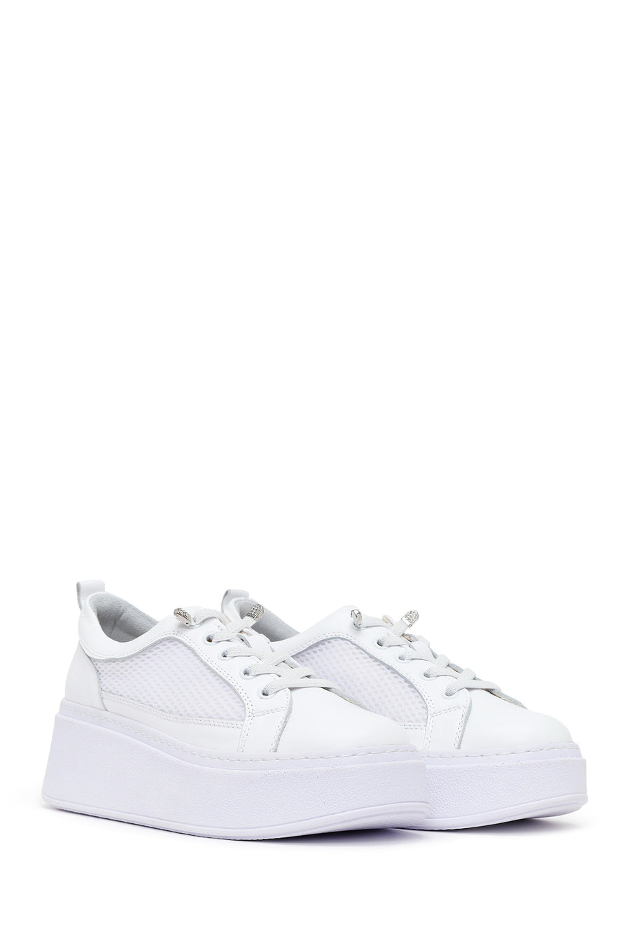 Woman White Lace-Up Thick-Soled Leather Sneaker