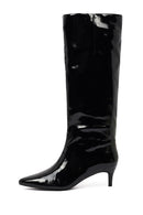 Woman Black Short Thin-Heeled Patent Leather Boot | Derimod