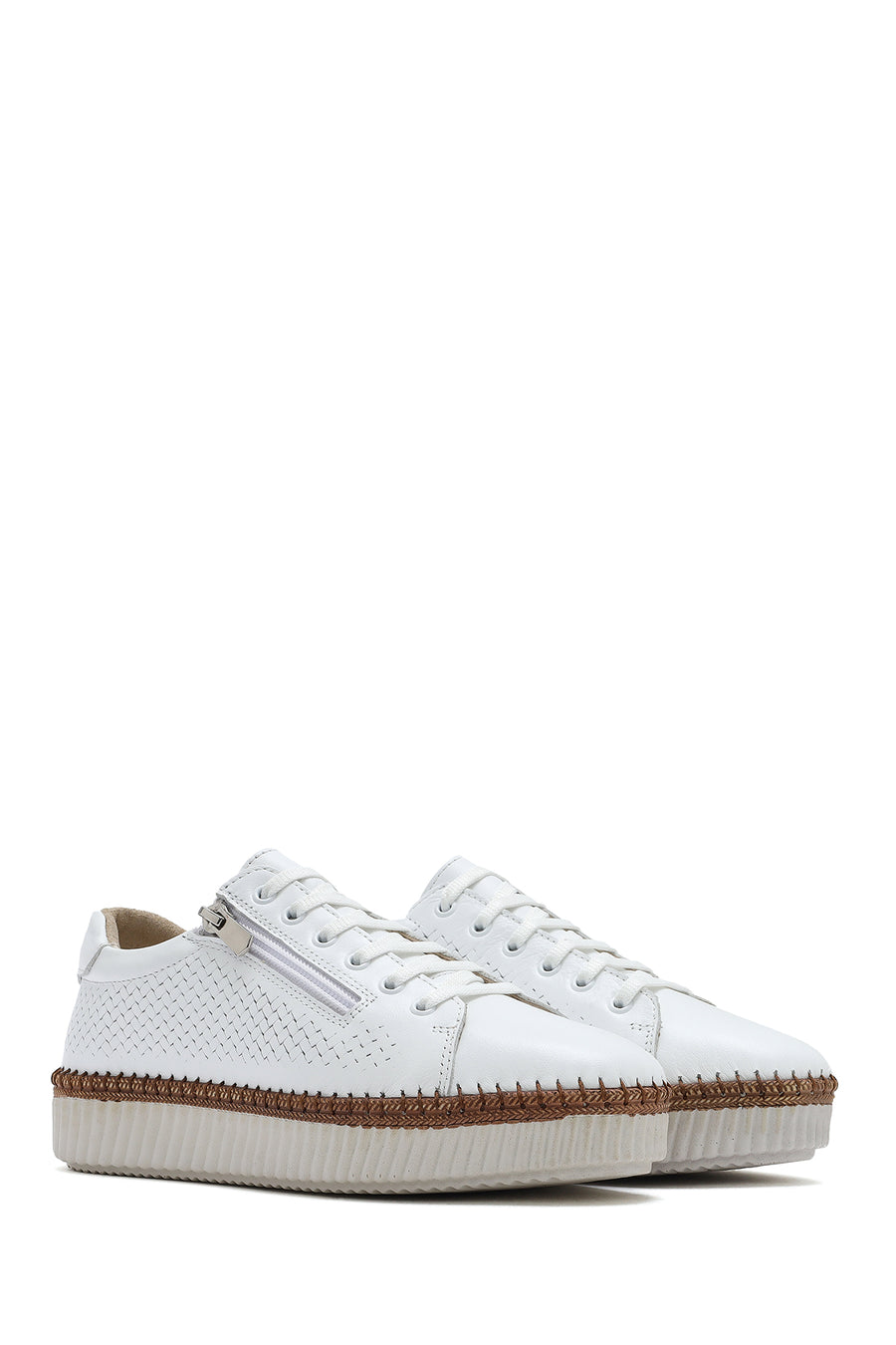 Women's White Lace-up Thick-Sole Leather Sneaker