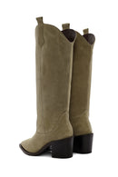 Women's Beige Chunky Heel Suede Leather Cowboy Boots | Derimod