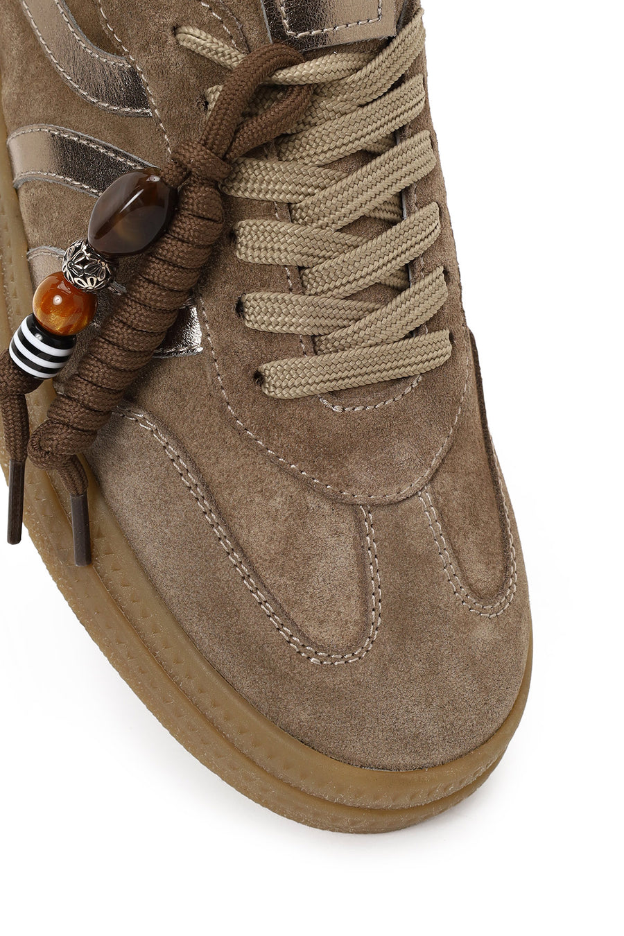 Woman Beige Lace-up Charm Suede Leather Sneaker